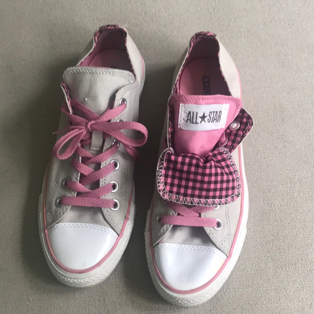 Pink, gray, and white Converse